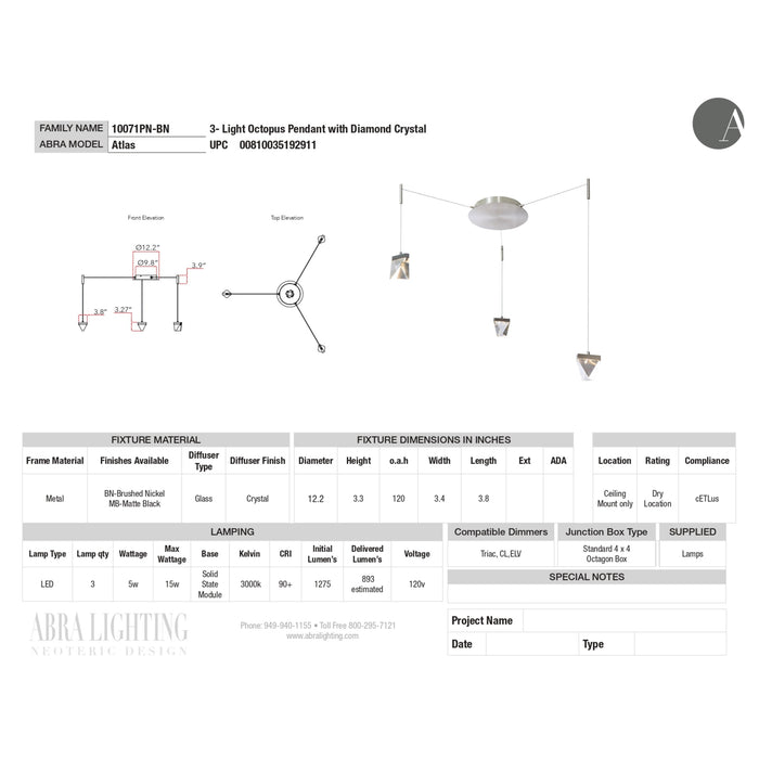 Abra Lighting Atlas 3-Light Octopus Pendant with Diamond Crystal 10071PN