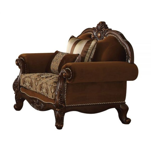 Acme Furniture Jardena Chair W/2 Pillows Same 50657 in Pattern Fabric & Cherry Oak Finish LV01593