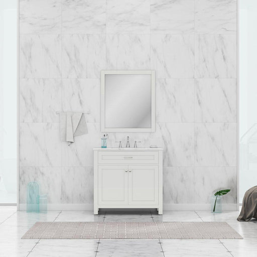 Alya Bath Norwalk 36" Single White Freestanding Bathroom Vanity With Carrara Marble Top, Ceramic Sink and Wall Mounted Mirror