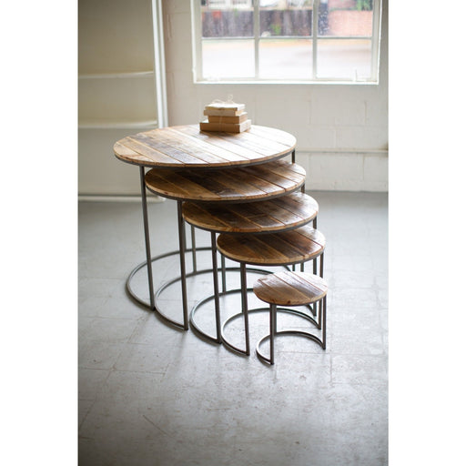 Kalalou Set Of 5 Recycled Wood Iron Round Display Tables