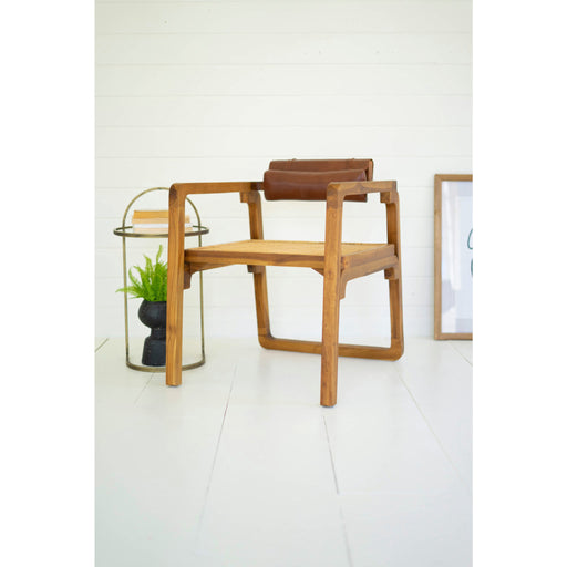 Kalalou Bent Teak Arm Chair With Woven Seat Leather Pad Back