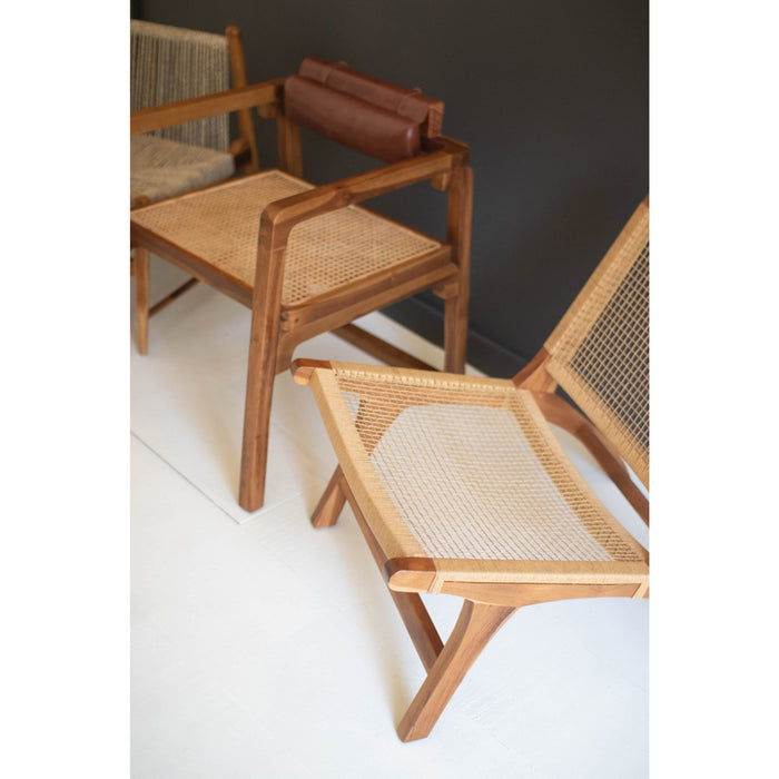 Kalalou Bent Teak Arm Chair With Woven Seat Leather Pad Back
