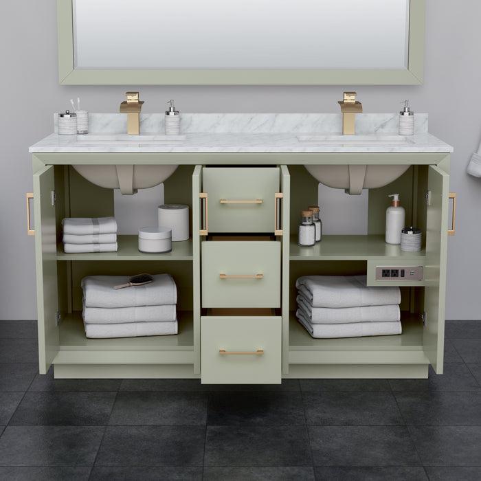 Wyndham Collection Strada 60 Inch Double Bathroom Vanity in Light Green, Carrara Cultured Marble Countertop, Undermount Square Sinks