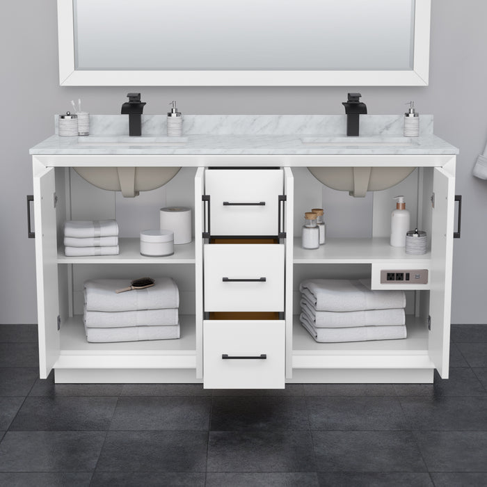 Wyndham Collection Strada 60 Inch Double Bathroom Vanity in White, White Carrara Marble Countertop, Undermount Square Sink