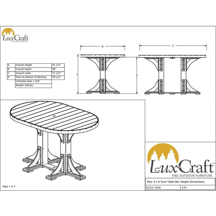 LuxCraft 4' x 6' Bar Height Oval Table
