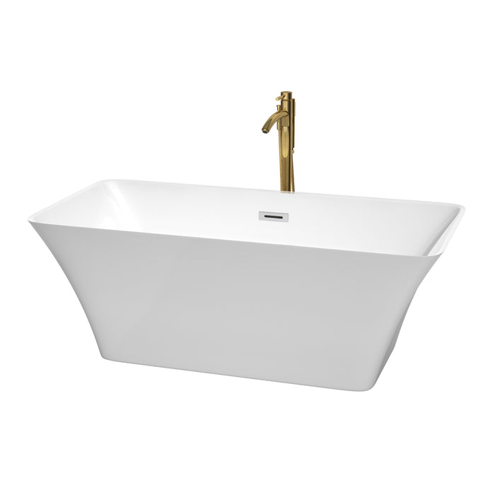 Wyndham Collection Tiffany 59 Inch Freestanding Bathtub in White with Polished Chrome Trim and Floor Mounted Faucet