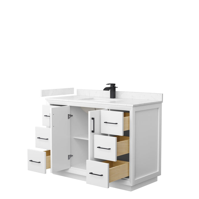 Wyndham Collection Strada 48 Inch Single Bathroom Vanity in White, Carrara Cultured Marble Countertop, Undermount Square Sink