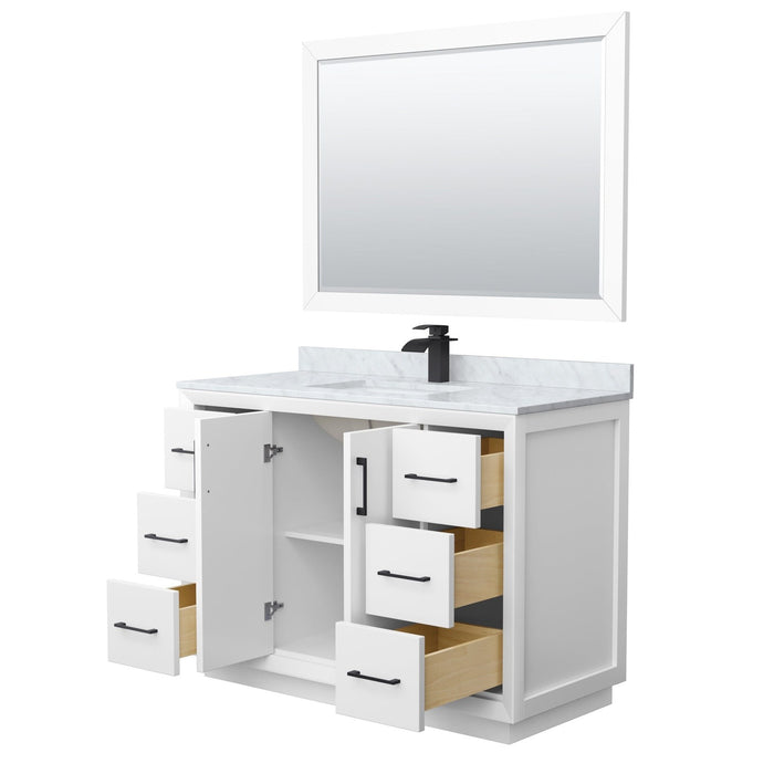 Wyndham Collection Strada 48 Inch Single Bathroom Vanity in White, White Carrara Marble Countertop, Undermount Square Sink