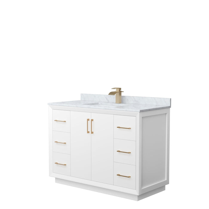 Wyndham Collection Strada 48 Inch Single Bathroom Vanity in White, White Carrara Marble Countertop, Undermount Square Sink