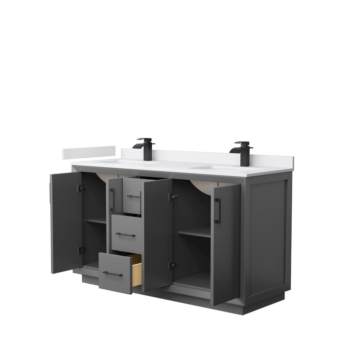Wyndham Collection Strada 60 Inch Double Bathroom Vanity in Dark Gray, White Cultured Marble Countertop, Undermount Square Sink