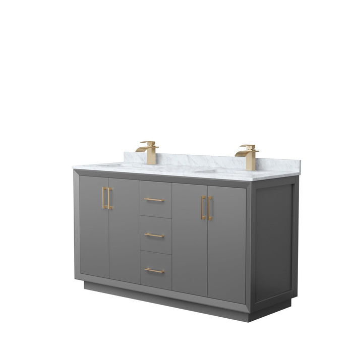 Wyndham Collection Strada 60 Inch Double Bathroom Vanity in Dark Gray, White Carrara Marble Countertop, Undermount Square Sink