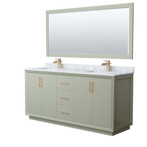 Wyndham Collection Strada 72 Inch Double Bathroom Vanity in Light Green, White Carrara Marble Countertop, Undermount Square Sinks