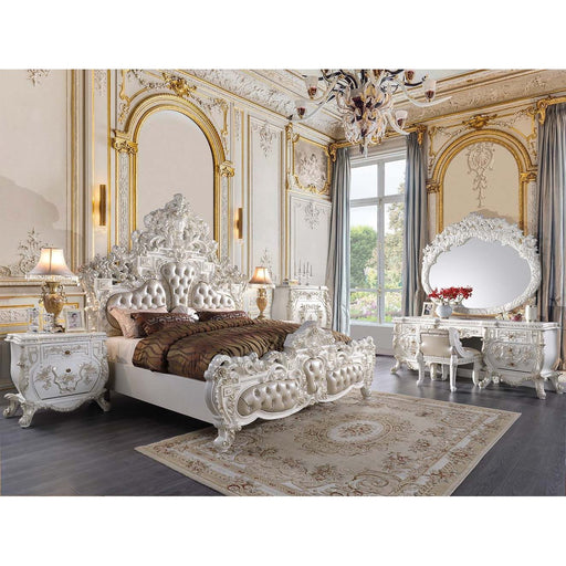 Acme Furniture Vanaheim E. King Bed - Fb in Beige Pu & Antique White Finish BD00671EK2
