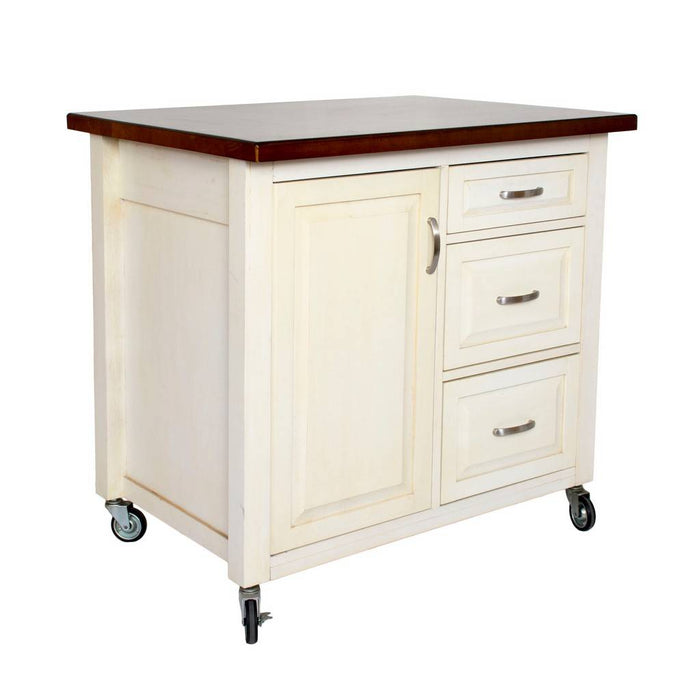 Sunset Trading Andrews Kitchen Cart | Three Drawers | Adjustable Shelf Cabinet | Distressed Antique White and Chestnut PK-CRT-04-AW
