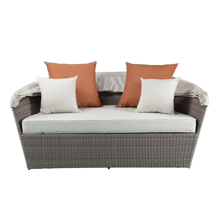 Acme Furniture Salena Patio Canopy Sofa With 4 Pillows & Ottoman in Beige Fabric & Gray Wicker 45025