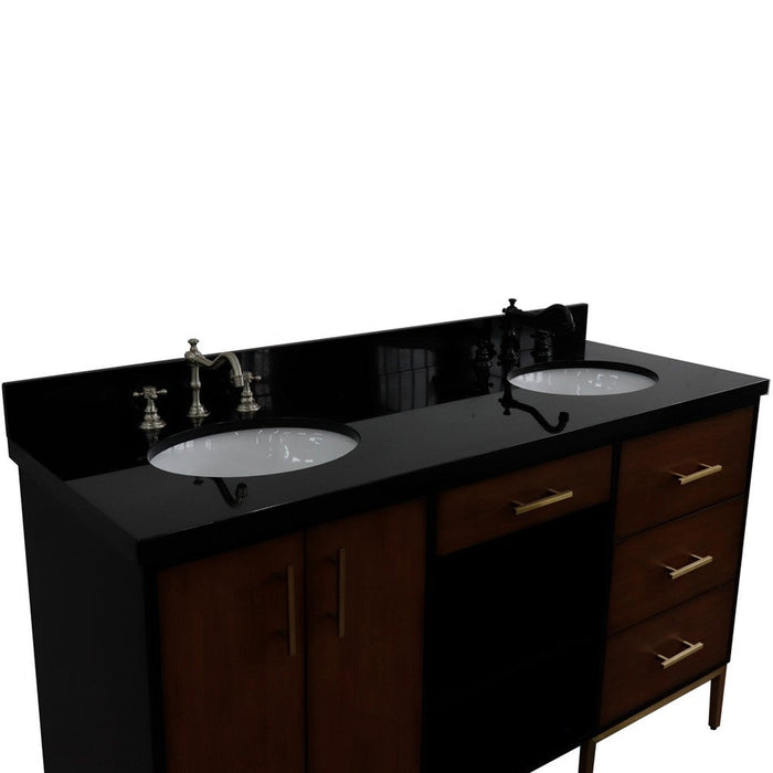 Bellaterra Home Imola 61" 2-Door 4-Drawer 2-Shelf Walnut and Black Freestanding Vanity Set With Ceramic Double Undermount Oval Sink and Black Galaxy Granite Top