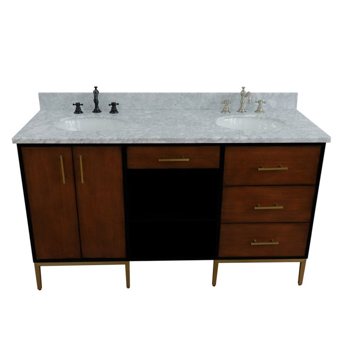 Bellaterra Home Imola 61" 2-Door 4-Drawer 2-Shelf Walnut and Black Freestanding Vanity Set With Ceramic Double Undermount Oval Sink and White Carrara Marble Top