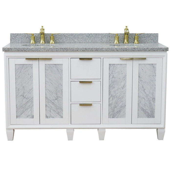 Bellaterra Home Trento 61" 4-Door 3-Drawer White Freestanding Vanity Set With Ceramic Double Undermount Oval Sink and Gray Granite Top