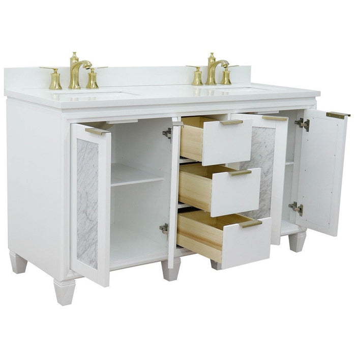 Bellaterra Home Trento 61" 4-Door 3-Drawer White Freestanding Vanity Set With Ceramic Double Undermount Rectangular Sink and White Quartz Top