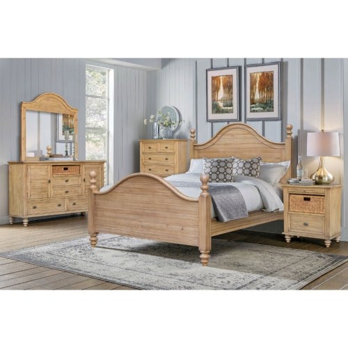 Sunset Trading Vintage Casual 5 Piece Queen Bedroom Set | Dresser Mirror with Drawers Basket Cabinets | Tall Chest | Nightstand with Pull Out Shelf | Distressed Natural Maple CF-1201-0252-Q-5PC