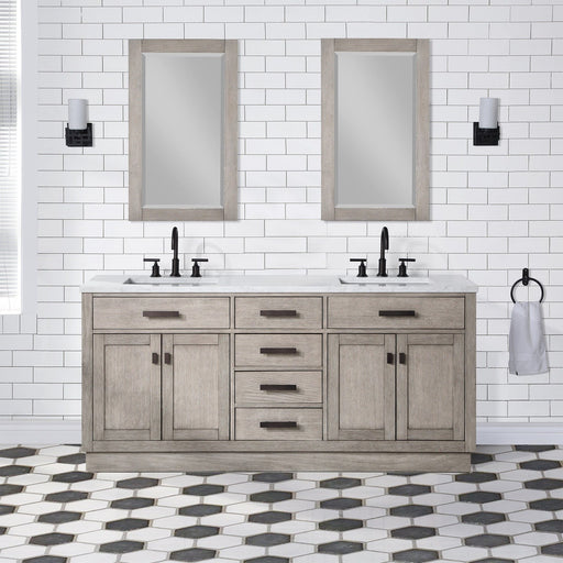 Water Creation Chestnut Chestnut 72 In. Double Sink Carrara White Marble Countertop Vanity In Grey Oak with Grooseneck Faucets and Mirrors CH72CW03GK-R21BL1403
