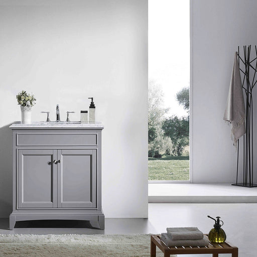 Eviva Elite Stamford 36" Bathroom Vanity in Gray , Teak or White Finish with Double Ogee Edge White Carrara Countertop and Undermount Porcelain Sink