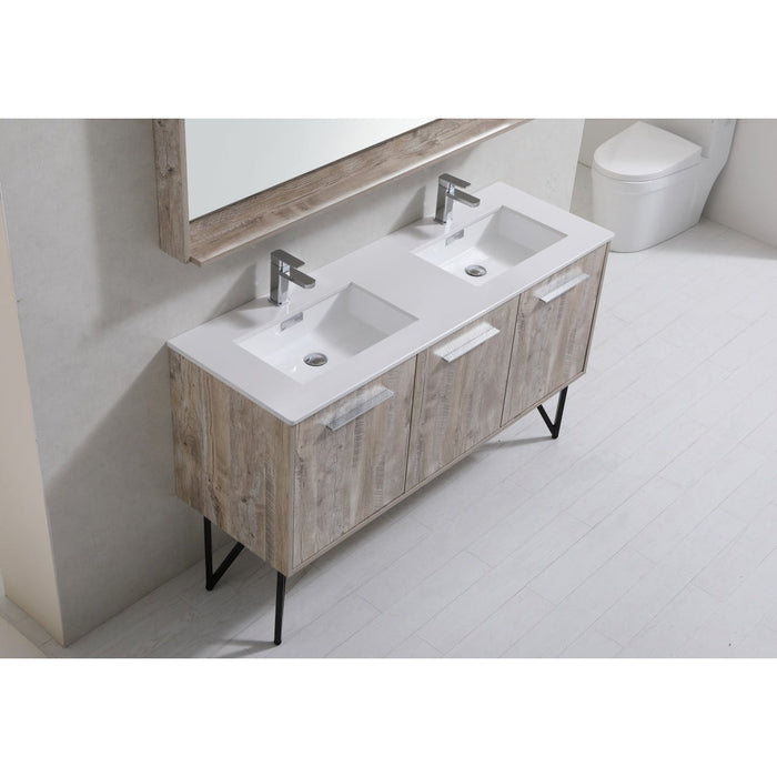 KubeBath Bosco 60" Double Sink Modern Bathroom Vanity with Quartz Countertop and Matching Mirror