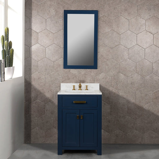 Water Creation Madison Madison 24-Inch Single Sink Carrara White Marble Vanity In Monarch Blue With Matching Mirror MS24CW06MB-R21000000