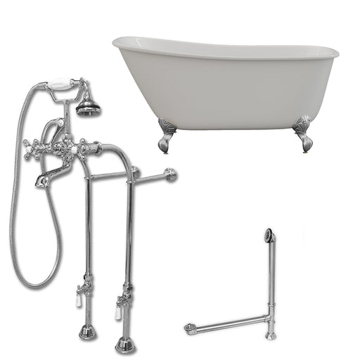 Cambridge Plumbing Cast Iron Swedish Slipper Tub 54" X 30" with No Faucet Drillings and Complete Free Standing British Telephone Faucet and Hand Held Shower Polished Chrome Plumbing Package SWED54-398463-PKG-CP-NH