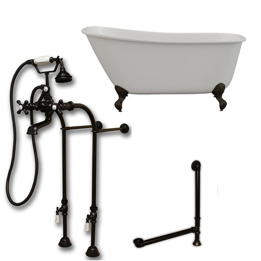 Cambridge Plumbing Cast Iron Swedish Slipper Tub 54" X 30" with No Faucet Drillings and Complete Free Standing British Telephone Faucet and Hand Held Shower Oil Rubbed Bronze Plumbing Package faucet not pictured SWED54-398463-PKG-ORB-NH