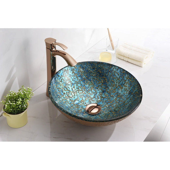 ANZZI Makata Series 17" x 17" Deco-Glass Round Vessel Sink in Gold and Cyan Finish with Polished Chrome Pop-Up Drain LS-AZ8211