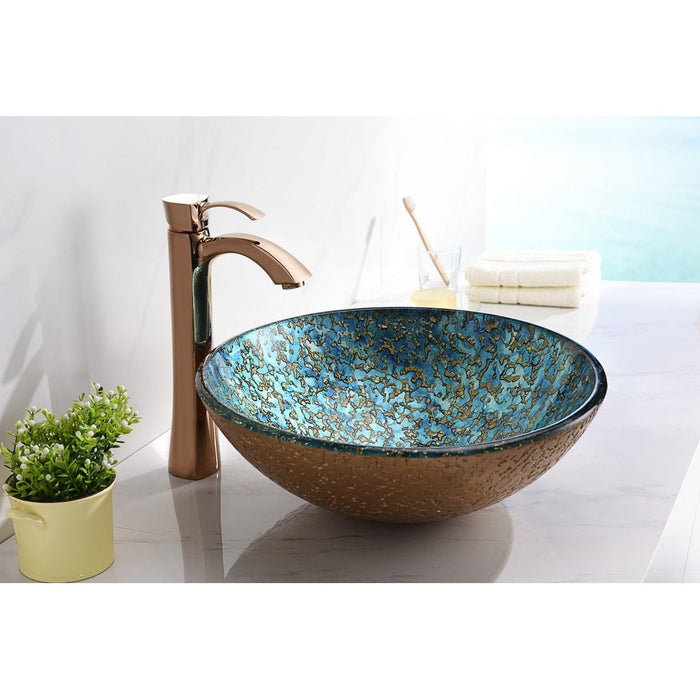 ANZZI Makata Series 17" x 17" Deco-Glass Round Vessel Sink in Gold and Cyan Finish with Polished Chrome Pop-Up Drain LS-AZ8211
