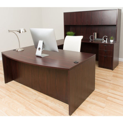 Boss Office Products Holland Series 71 Inch Executive U-Shaped Curved Bow Desk with File Storage Pedestal and Hutch, Mahogany GROUPAH-M