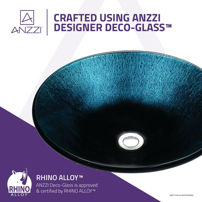 ANZZI Stellar Series 18" x 18" Deco-Glass Round Vessel Sink in Marine Crest Finish with Polished Chrome Pop-Up Drain LS-AZ169