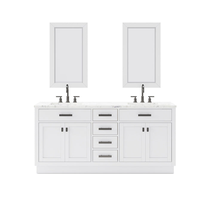 Water Creation Hartford 72" Double Sink Carrara White Marble Countertop Bath Vanity in Pure White with Gooseneck Faucet and Mirror S