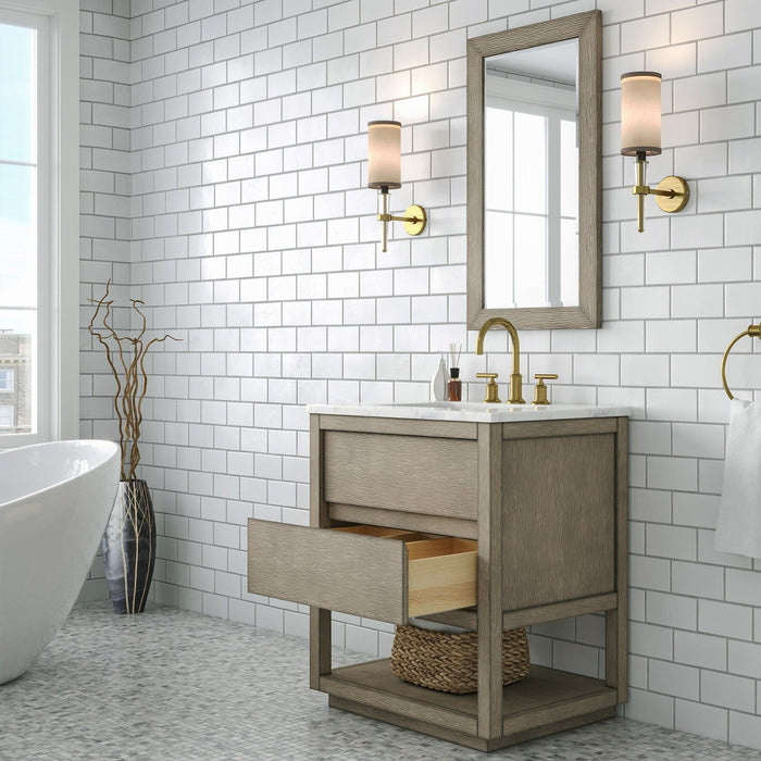 Water Creation Oakman 30" Single Sink Carrara White Marble Countertop Bath Vanity in Grey Oak with Gold Faucets