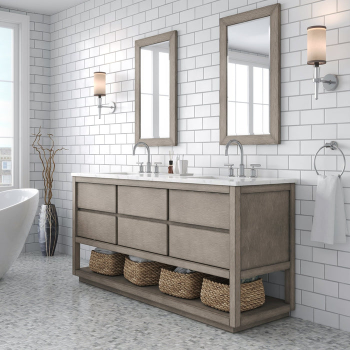 Water Creation Oakman 72" Double Sink Carrara White Marble Countertop Bath Vanity in Grey Oak with Chrome Faucets