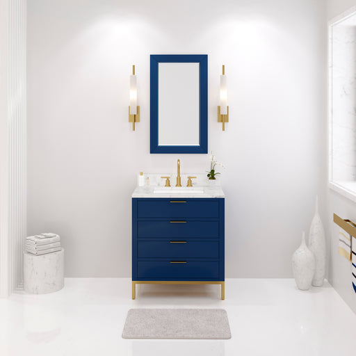 Water Creation Bristol Bristol 30 In. Single Sink Carrara White Marble Countertop Bath Vanity in Monarch Blue with Satin Gold Gooseneck Faucet
