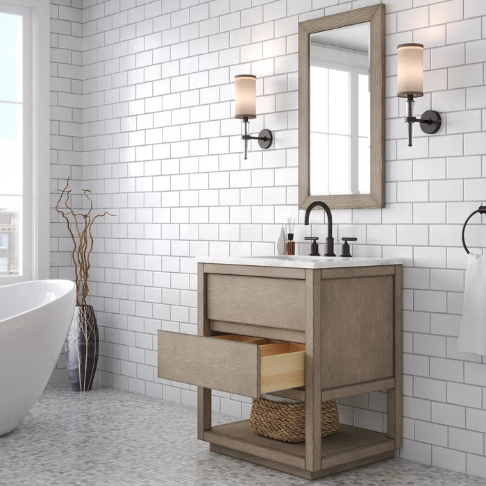 Water Creation Oakman 30" Single Sink Carrara White Marble Countertop Bath Vanity in Grey Oak