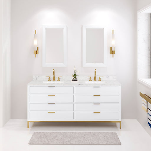 Water Creation Bristol Bristol 72 In. Double Sink Carrara White Marble Countertop Bath Vanity in Pure White with Satin Gold Gooseneck Faucets