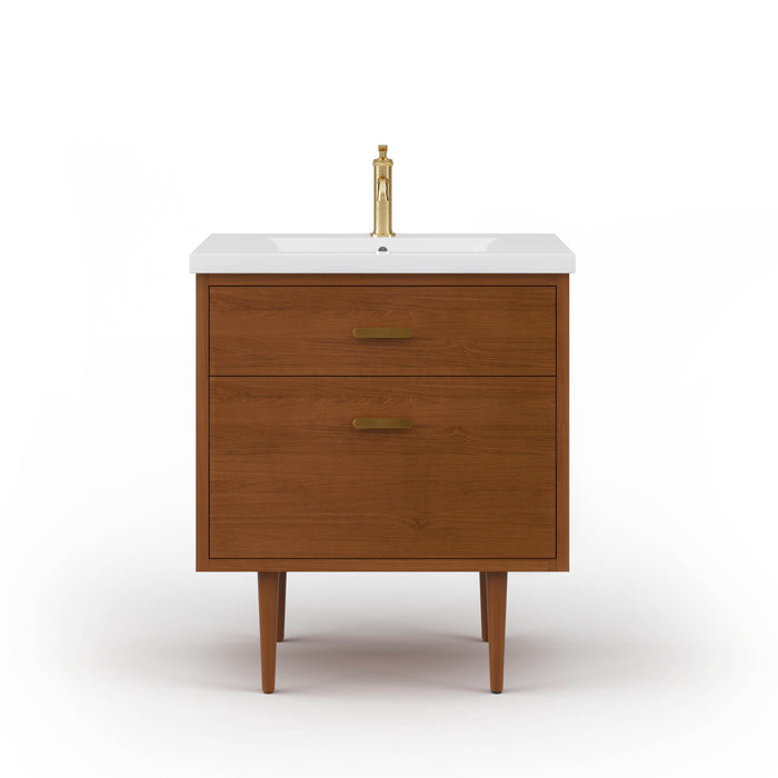 Water Creation Brandy 30" Integrated Ceramic Sink Top Vanity in Honey Walnut with Satin Gold Single Faucet