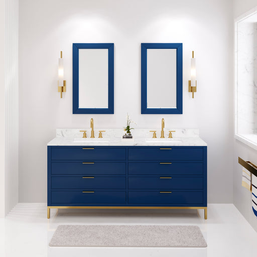 Water Creation Bristol Bristol 72 In. Double Sink Carrara White Marble Countertop Bath Vanity in Monarch Blue with Satin Gold Gooseneck Faucets