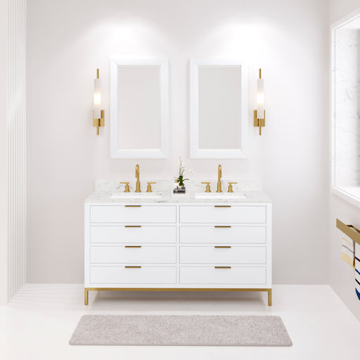 Water Creation Bristol Bristol 60 In. Double Sink Carrara White Marble Countertop Bath Vanity in Pure White with Satin Gold Gooseneck Faucets and Rectangular Mirrors S