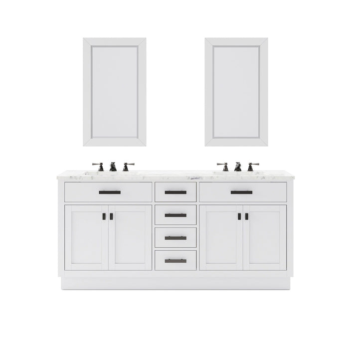 Water Creation Hartford 72" Double Sink Carrara White Marble Countertop Bath Vanity in Pure White with Classic Faucet and Mirror S