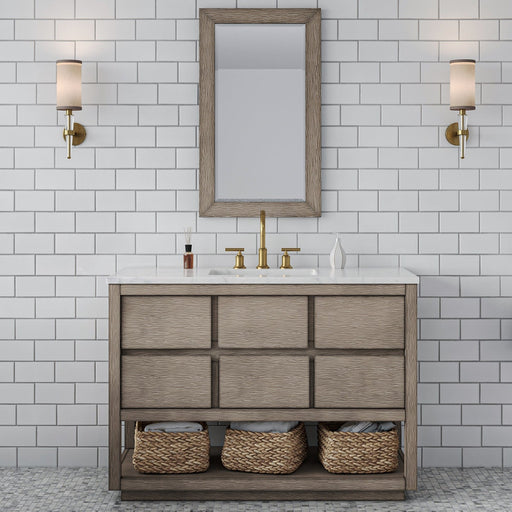 Water Creation Oakman 48" Single Sink Carrara White Marble Countertop Bath Vanity in Grey Oak with Gold Faucets and Mirror