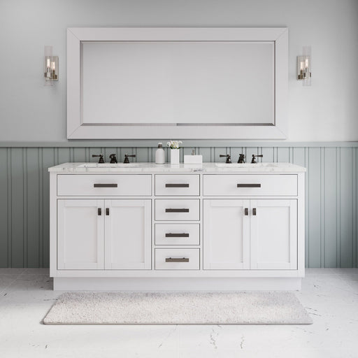 Water Creation Hartford 72" Double Sink Carrara White Marble Countertop Bath Vanity in Pure White with Gooseneck Faucet and Mirror L