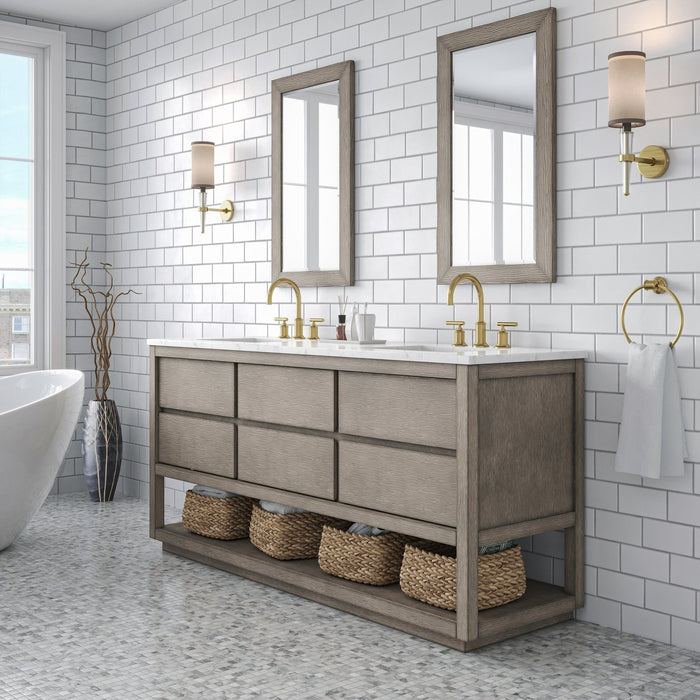 Water Creation Oakman 72" Double Sink Carrara White Marble Countertop Bath Vanity in Grey Oak with Gold Faucets