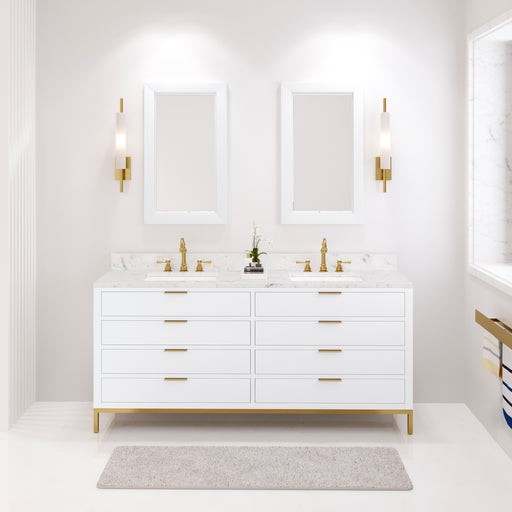 Water Creation Bristol Bristol 72 In. Double Sink Carrara White Marble Countertop Bath Vanity in Pure White with Satin Gold Hook Faucets