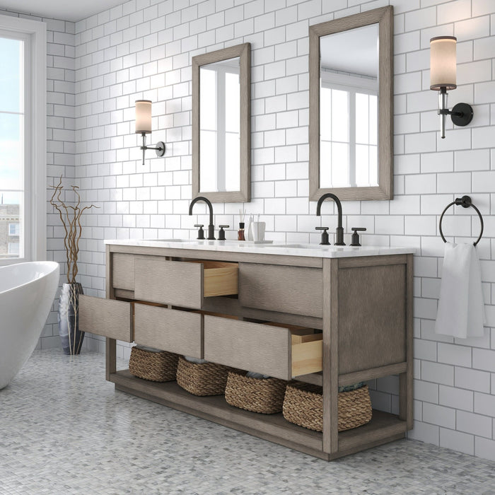 Water Creation Oakman 72" Double Sink Carrara White Marble Countertop Bath Vanity in Grey Oak with ORB Faucets