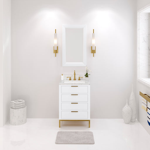 Water Creation Bristol Bristol 24 In. Single Sink Carrara White Marble Countertop Bath Vanity in Pure White with Satin Gold Hook Faucet and Rectangular Mirror S